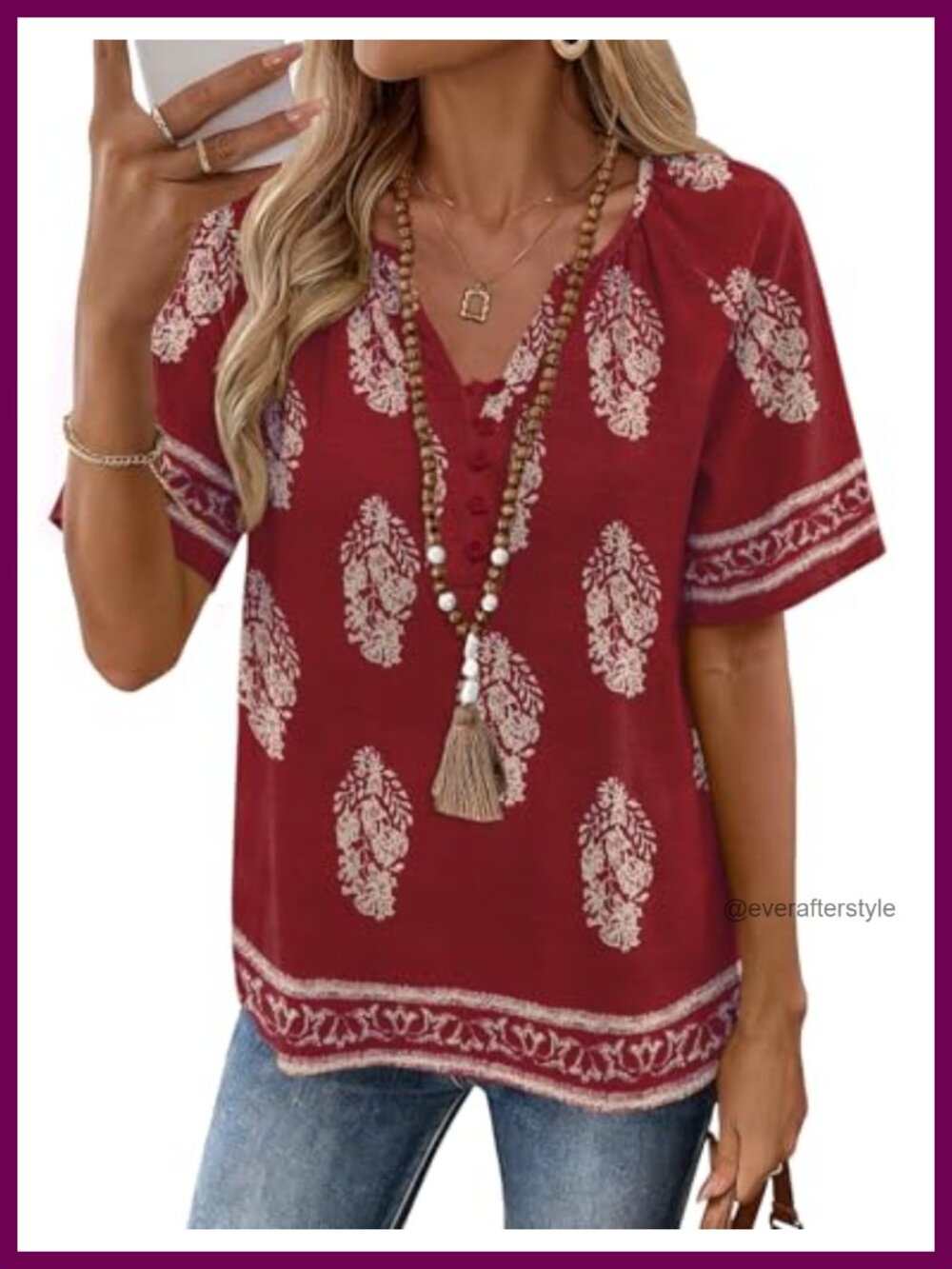 Womens Cotton Linen Boho Peasant Top V-Neck Short Sleeve Blouse